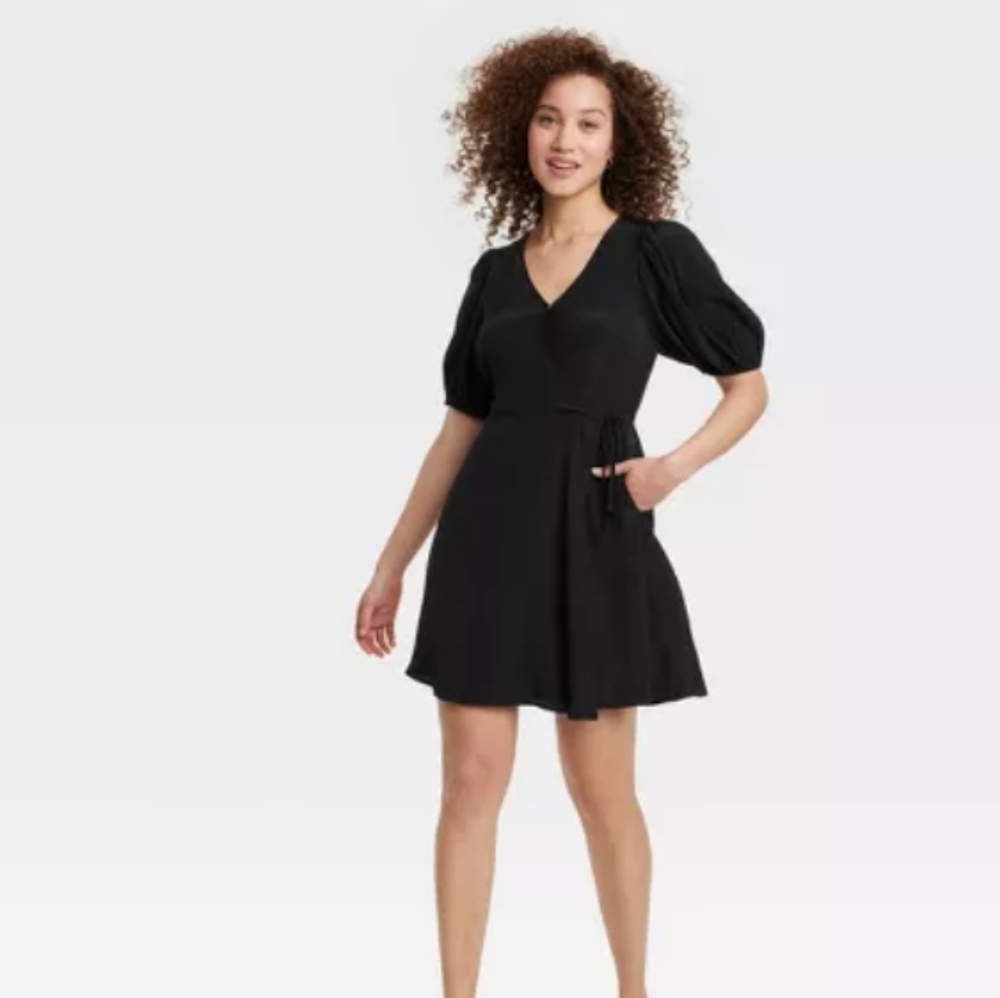 🆕 A New Day, Balloon Sleeve Mini Wrap Dress, Black. M. NWT
